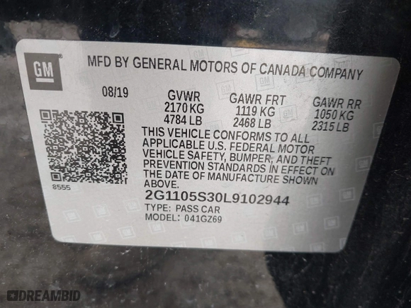 2020 Chevrolet Impala Premier with VIN 2G1105S30L9102944, listed as a IAAI auction lot 41576700 with 89,254 mi miles. Bid and sale history available at carsss.com. Image 9.