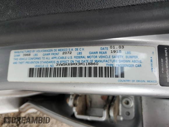 2003 Volkswagen Jetta Sedan GLS with VIN 3VWSK69MX3M118860, listed as a Copart auction lot 51745935 with 133,043 mi miles and Non Repairable. Bid and sale history available at carsss.com. Image 12.