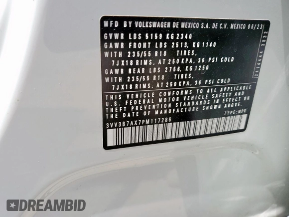 2023 Volkswagen Tiguan SE with VIN 3VV3B7AX7PM117286, listed as a Copart auction lot 57418985 with 21,162 mi miles and Salvage title. Bid and sale history available at DreamBid. Image 12.