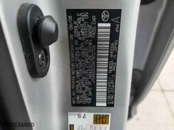 2008 Toyota Prius with VIN JTDKB20U587802726, listed as a Copart auction lot 50360385 with 109,913 mi miles and Salvage Title. Bid and sale history available at carsss.com. Image 13.