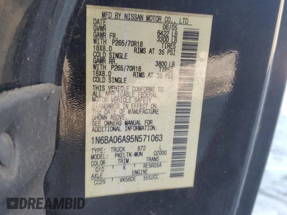 2005 Nissan Titan XE with VIN 1N6BA06A95N571063, listed as a Copart auction lot 49391275 with 167,790 mi miles and Salvage Title. Bid and sale history available at carsss.com. Image 12.