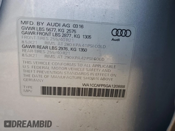 2016 Audi SQ5 Premium Plus with VIN WA1CCAFP5GA120888, listed as a Copart auction lot 85700624 with 91,082 mi miles and Salvage Title. Bid and sale history available at carsss.com. Image 14.