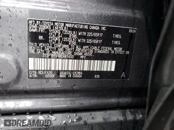 2024 Toyota RAV4 XLE with VIN 2T3P1RFV4RC481450, listed as a Copart auction lot 61083895 with 16,002 mi miles and Salvage title. Bid and sale history available at DreamBid. Image 13.
