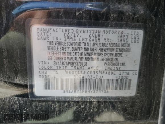 2017 Nissan Sentra S with VIN 3N1AB7AP8HY379708, listed as a Copart auction lot 54723015 with 160,371 mi miles and Clean Title. Bid and sale history available at carsss.com. Image 12.