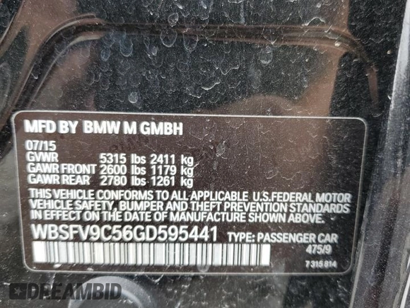 2016 BMW M5 z VIN WBSFV9C56GD595441, wystawiony jako Copart lot #59880955 z przebiegiem 109 018 mil mil oraz Szkoda całkowita • Salvage title. Historia ofert i sprzedaży dostępna na DreamBid. Obrazek 12.