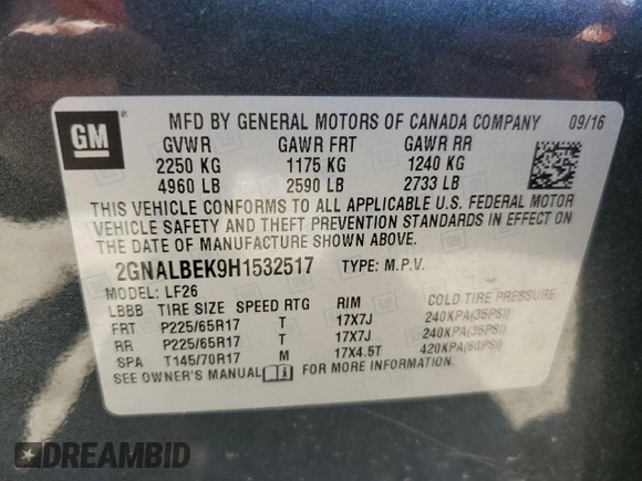2017 Chevrolet Equinox LS with VIN 2GNALBEK9H1532517, listed as a Copart auction lot 46643705 with 148,402 mi miles and Salvage Title. Bid and sale history available at carsss.com. Image 15.