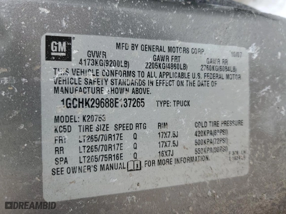 2008 Chevrolet Silverado 2500HD LT w/2LT with VIN 1GCHK29688E137265, listed as a Copart auction lot 87961015 with 0 mi miles and Salvage Title. Bid and sale history available at carsss.com. Image 14.
