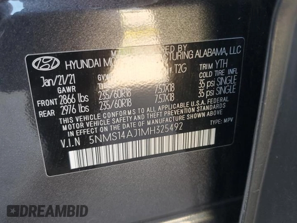 2021 Hyundai Santa Fe SE with VIN 5NMS14AJ1MH325492, listed as a Copart auction lot 52192985 with 51,545 mi miles and Salvage title. Bid and sale history available at DreamBid. Image 13.
