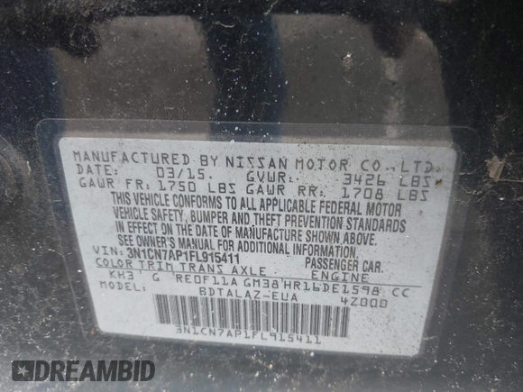 2015 Nissan Versa SV with VIN 3N1CN7AP1FL915411, listed as a IAAI auction lot 42585445 with 161,813 mi miles and . Bid and sale history available at DreamBid. Image 9.