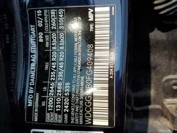2015 Mercedes-Benz GLK 350 with VIN WDCGG8JB0FG409408, listed as a Copart auction lot 62644024 with 85,127 mi miles and Salvage Title. Bid and sale history available at DreamBid. Image 12.