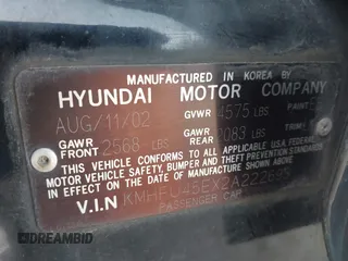 2002 Hyundai XG350 L with VIN KMHFU45EX2A222693, listed as a IAAI auction lot 41858539 with 105,690 mi miles. Bid and sale history available at carsss.com. Image 9.