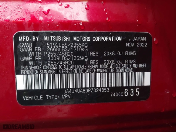 2023 Mitsubishi Outlander SE with VIN JA4J4UA80PZ024853, listed as a IAAI auction lot 41457806 with 103,951 mi miles. Bid and sale history available at carsss.com. Image 9.