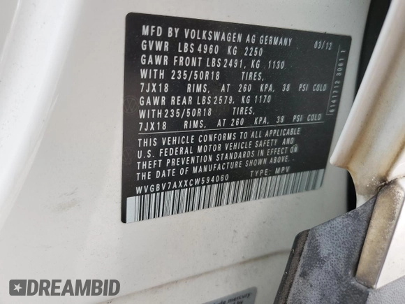 2012 Volkswagen Tiguan S with VIN WVGBV7AXXCW594060, listed as a Copart auction lot 45521095 with 146,035 mi miles and Salvage Title. Bid and sale history available at DreamBid. Image 15.