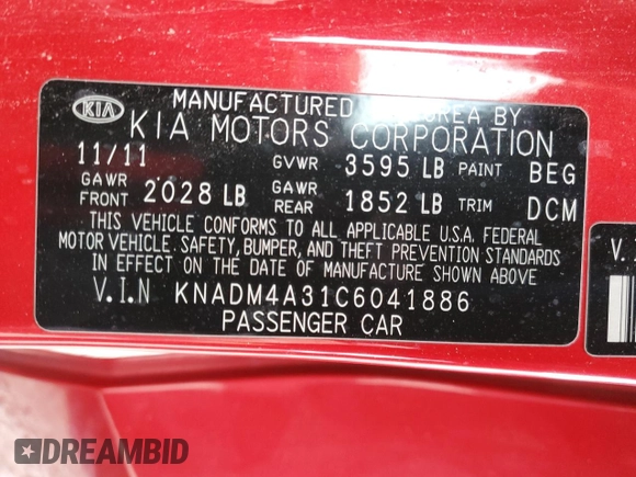 2012 Kia Rio LX with VIN KNADM4A31C6041886, listed as a Copart auction lot 49116205 with 160,011 mi miles and Salvage Title. Bid and sale history available at carsss.com. Image 12.