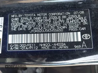 2008 Toyota Prius with VIN JTDKB20U583455650, listed as a IAAI auction lot 42138597 with 228,292 mi miles. Bid and sale history available at carsss.com. Image 9.