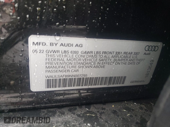 2022 Audi S8 с VIN WAULSAF89NN007255, выставлен на аукционе Copart как лот 57654725 с пробегом 14 904 миль миль и Списание • Salvage title. История ставок и продаж доступна на DreamBid. Изображение 13.
