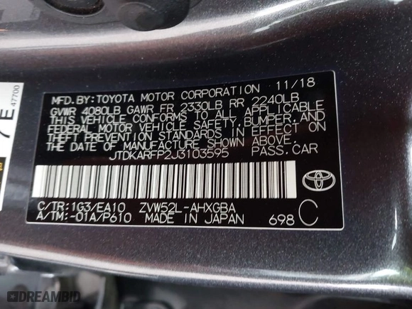 2018 Toyota Prius Prime Plus with VIN JTDKARFP2J3103595, listed as a IAAI auction lot 41569905 with NaN miles. Bid and sale history available at carsss.com. Image 9.