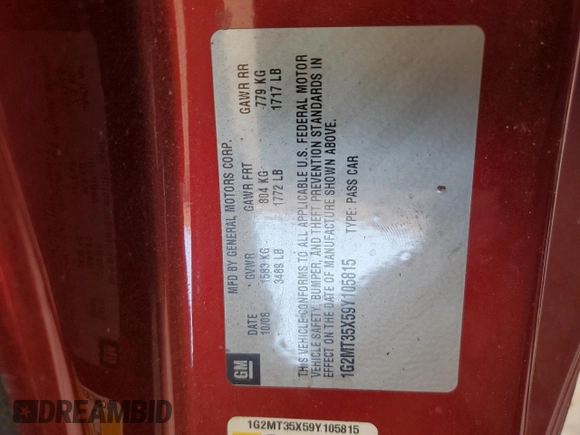 2009 Pontiac Solstice GXP z VIN 1G2MT35X59Y105815, wystawiony jako Copart lot #74302574 z przebiegiem Nie podano mil oraz Szkoda całkowita • Salvage title. Historia ofert i sprzedaży dostępna na DreamBid. Obrazek 12.