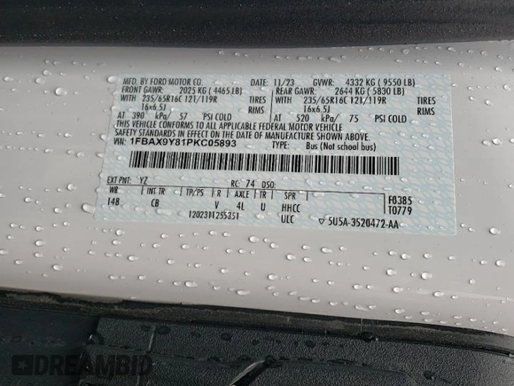 2023 Ford Transit Passenger XL with VIN 1FBAX9Y81PKC05893, listed as a Copart auction lot 66302764 with 4,084 mi miles and Salvage Title. Bid and sale history available at DreamBid. Image 14.