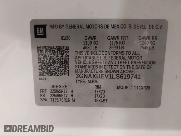 2020 Chevrolet Equinox LT with VIN 3GNAXUEV1LS619741, listed as a IAAI auction lot 40689323 with 42,405 mi miles and . Bid and sale history available at DreamBid. Image 9.