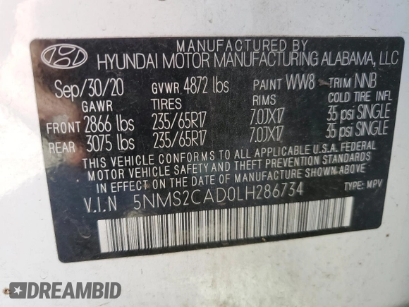 2020 Hyundai Santa Fe SE with VIN 5NMS2CAD0LH286734, listed as a Copart auction lot 49471115 with 98,141 mi miles and Salvage title. Bid and sale history available at DreamBid. Image 14.