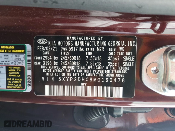 2021 Kia Telluride LX with VIN 5XYP2DHC8MG160478, listed as a Copart auction lot 51707445 with 52,934 mi miles and Salvage title. Bid and sale history available at DreamBid. Image 13.