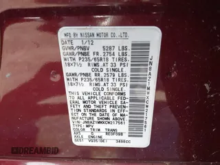 2012 Nissan Murano SV with VIN JN8AZ1MWXCW217561, listed as a IAAI auction lot 42051048 with 107,846 mi miles and . Bid and sale history available at carsss.com. Image 9.