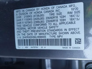 2020 Honda CR-V EX with VIN 2HKRW2H56LH696405, listed as a IAAI auction lot 41124333 with 55,418 mi miles. Bid and sale history available at carsss.com. Image 9.