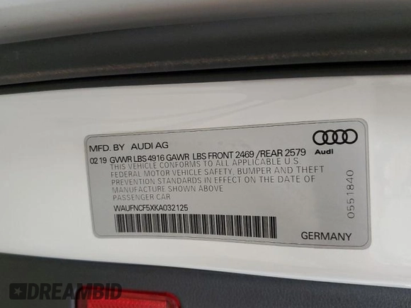 2019 Audi A5 Sportback Prestige with VIN WAUFNCF5XKA032125, listed as a Copart auction lot 55972453 with 55,163 mi miles. Bid and sale history available at carsss.com. Image 14.