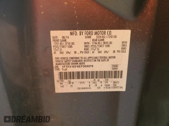 2014 Ford F-150 XL with VIN 1FTFX1EF8EFD05579, listed as a Copart auction lot 60051735 with 175,914 mi miles and Clean title. Bid and sale history available at DreamBid. Image 12.