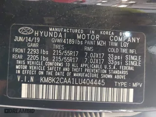2020 Hyundai Kona SEL with VIN KM8K2CAA1LU404445, listed as a IAAI auction lot 41919384 with 46,322 mi miles. Bid and sale history available at carsss.com. Image 9.