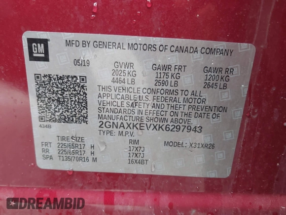 2019 Chevrolet Equinox LT with VIN 2GNAXKEVXK6297943, listed as a IAAI auction lot 41527722 with 85,090 mi miles and . Bid and sale history available at DreamBid. Image 9.