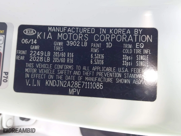2014 Kia Soul with VIN KNDJN2A28E7111086, listed as a IAAI auction lot 41280944 with 122,006 mi miles. Bid and sale history available at carsss.com. Image 9.