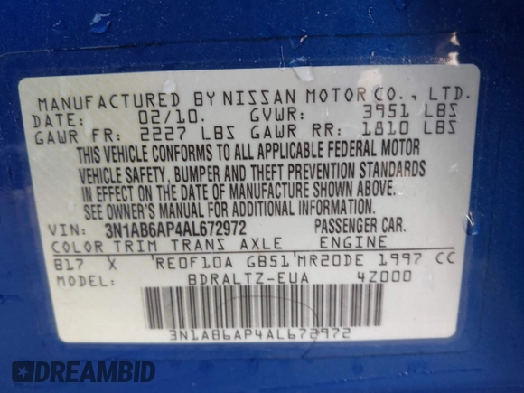 2010 Nissan Sentra SR with VIN 3N1AB6AP4AL672972, listed as a IAAI auction lot 41923901 with 185,540 mi miles and . Bid and sale history available at DreamBid. Image 9.