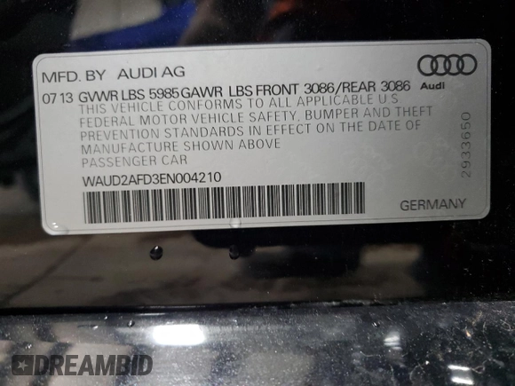 2014 Audi S8 with VIN WAUD2AFD3EN004210, listed as a Copart auction lot 50205735 with 31,952 mi miles and Salvage Title. Bid and sale history available at carsss.com. Image 12.