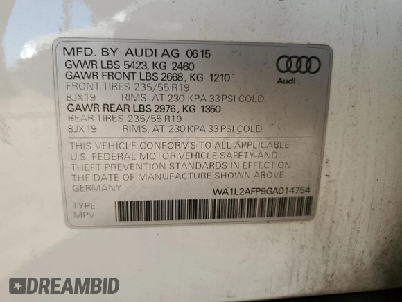 2016 Audi Q5 Premium Plus with VIN WA1L2AFP9GA014754, listed as a Copart auction lot 51844004 with 94,778 mi miles and Non Repairable. Bid and sale history available at carsss.com. Image 12.