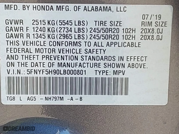 2020 Honda Pilot Touring 8-Passenger with VIN 5FNYF5H90LB000801, listed as a IAAI auction lot 41865605 with 62,743 mi miles. Bid and sale history available at carsss.com. Image 9.