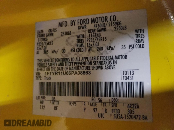 2006 Ford Ranger XL z VIN 1FTYR11U66PA08863, wystawiony jako Copart lot #55971395 z przebiegiem 72 135 mil mil oraz Szkoda całkowita • Salvage title. Historia ofert i sprzedaży dostępna na DreamBid. Obrazek 12.