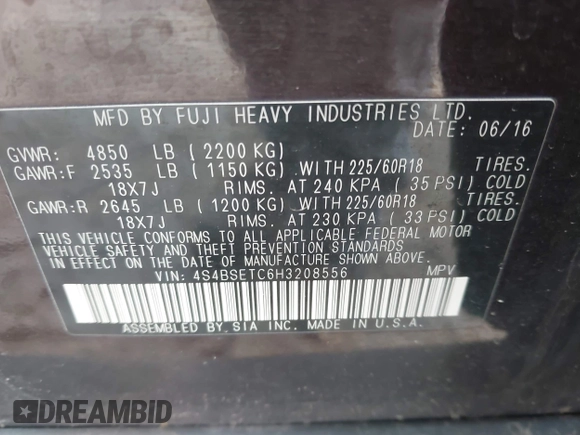 2017 Subaru Outback Touring with VIN 4S4BSETC6H3208556, listed as a IAAI auction lot 41951115 with 153,279 mi miles and . Bid and sale history available at DreamBid. Image 9.
