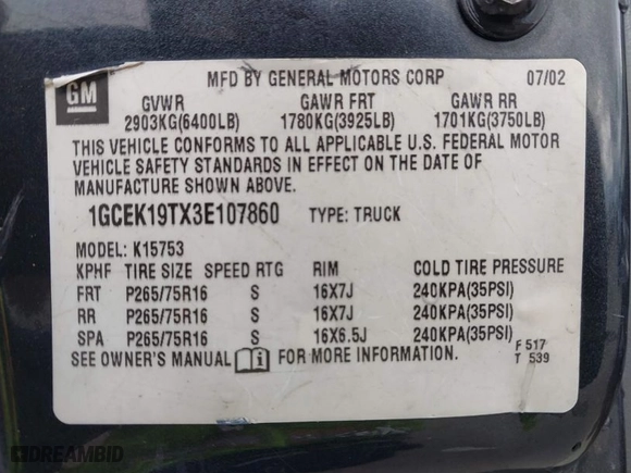2003 Chevrolet Silverado 1500 LS with VIN 1GCEK19TX3E107860, listed as a IAAI auction lot 41461401 with 379,055 mi miles. Bid and sale history available at carsss.com. Image 9.