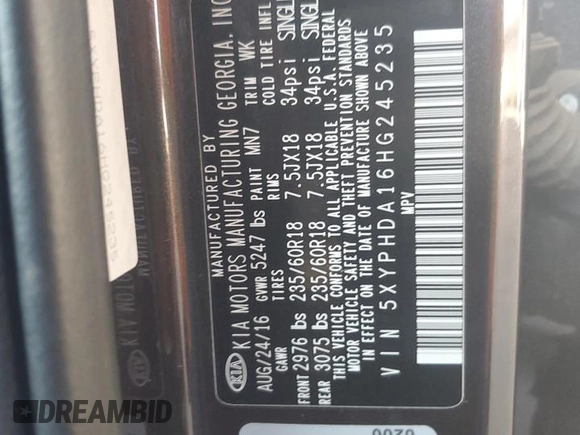 2017 Kia Sorento EX with VIN 5XYPHDA16HG245235, listed as a Copart auction lot 58575835 with 86,426 mi miles and Clean title. Bid and sale history available at DreamBid. Image 13.