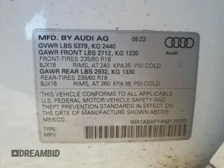 2022 Audi Q5 Premium with VIN WA1ABAFY4N2125090, listed as a Copart auction lot 81698654 with 20,388 mi miles and Salvage title. Bid and sale history available at DreamBid. Image 15.