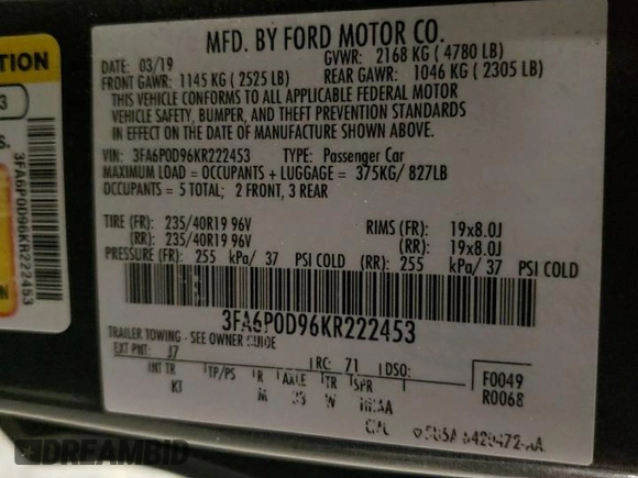 2019 Ford Fusion Titanium with VIN 3FA6P0D96KR222453, listed as a Copart auction lot 48074555 with 122,998 mi miles and Salvage Title. Bid and sale history available at carsss.com. Image 12.