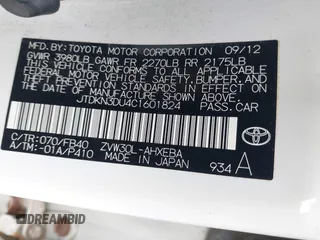 2012 Toyota Prius One with VIN JTDKN3DU4C1601824, listed as a IAAI auction lot 41950455 with 142,068 mi miles and . Bid and sale history available at DreamBid. Image 9.