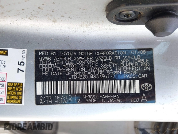 2008 Toyota Prius with VIN JTDKB20U483365177, listed as a IAAI auction lot 42224591 with 114,650 mi miles and . Bid and sale history available at carsss.com. Image 9.