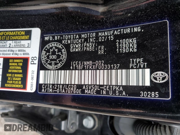 2015 Toyota Camry XLE with VIN 4T1BF1FKXFU033137, listed as a Copart auction lot 87473254 with 268,915 mi miles and Salvage Title. Bid and sale history available at carsss.com. Image 13.