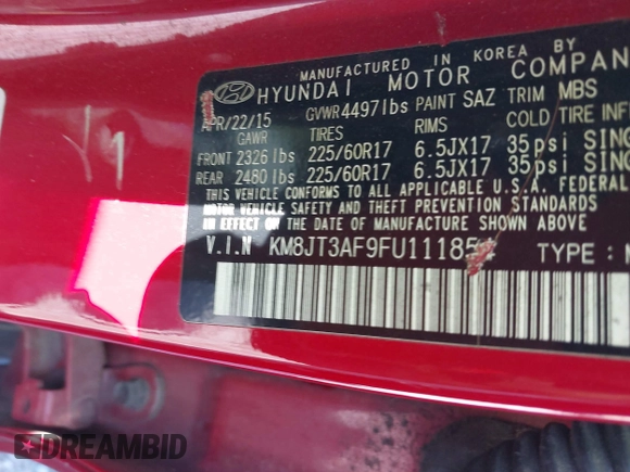2015 Hyundai Tucson GLS with VIN KM8JT3AF9FU111854, listed as a IAAI auction lot 40669653 with 131,129 mi miles and . Bid and sale history available at DreamBid. Image 9.