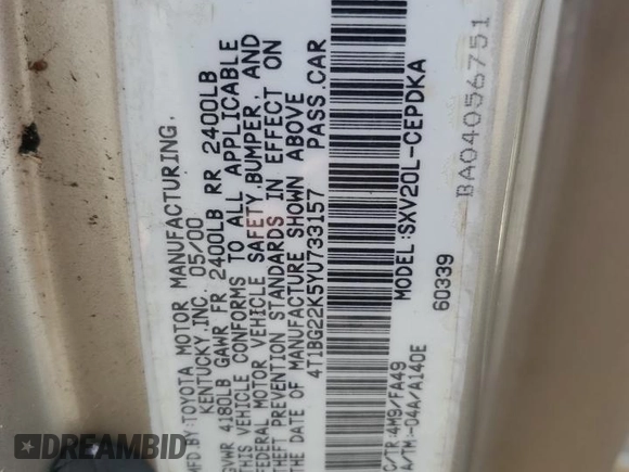 2000 Toyota Camry CE with VIN 4T1BG22K5YU733157, listed as a Copart auction lot 53935955 with 156,640 mi miles and Salvage Title. Bid and sale history available at DreamBid. Image 12.