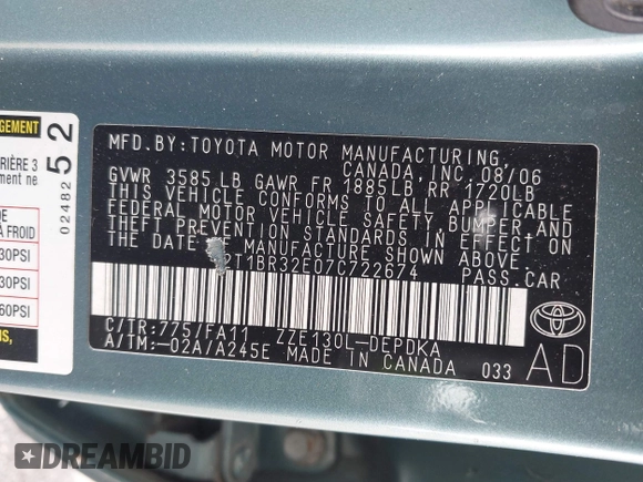 2007 Toyota Corolla CE with VIN 2T1BR32E07C722674, listed as a IAAI auction lot 42044075 with 171,652 mi miles and . Bid and sale history available at carsss.com. Image 12.
