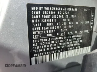2018 Volkswagen Tiguan with VIN WVGBV7AX8JK001137, listed as a Copart auction lot 48380965 with 61,131 mi miles and Non Repairable. Bid and sale history available at DreamBid. Image 14.